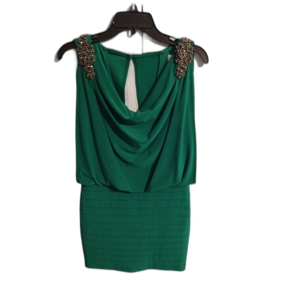 Cache rhinestone shoulder Cowlneck mini dress size 2 green Sexy Y2K Vintage